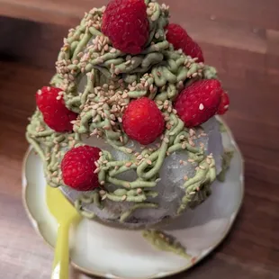 Double scoop pistachio, matcha coconut syrup, raspberry chunks, and sesame seeds.  Does anyone have a perfect name for this beauty?