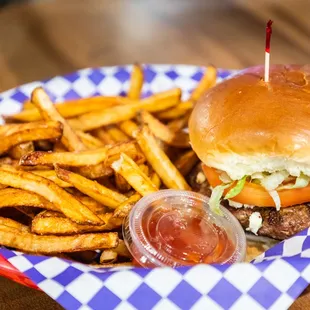 a hamburger and fries