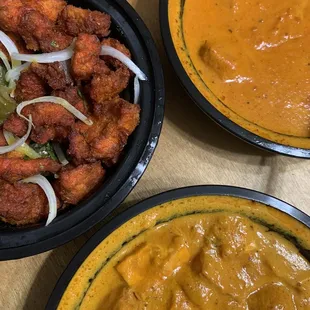 So much food! Chicken 65 (top left), Butter Chicken (top right), Paneer Butter Masala (lower pic)