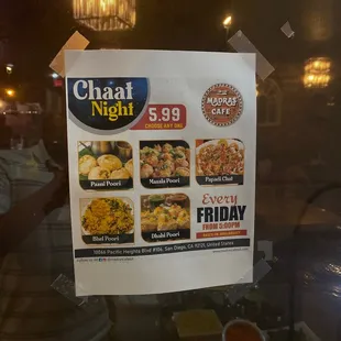 Menu for chaat night