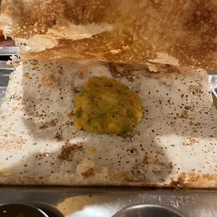 Inside the dosas was a serving of seasoned potato and vegetable filling.