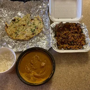 Garlic Butter Naan, Chicken Tikka Masala, Mixed Vegetable Pakoda