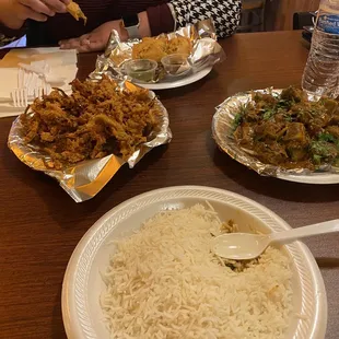 Onion pakora, goat pepper masala and batata vada