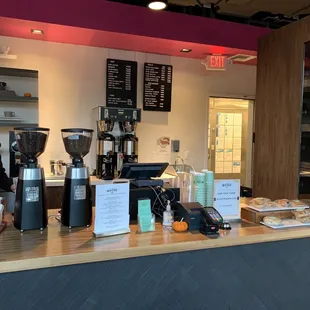 a woman standing at the counter