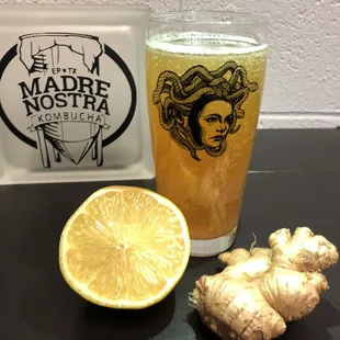 10oz glass of our Ginger-Lemon Kombucha