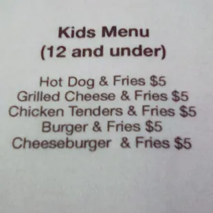 menu for kids&apos;s menu