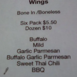 a menu for wings