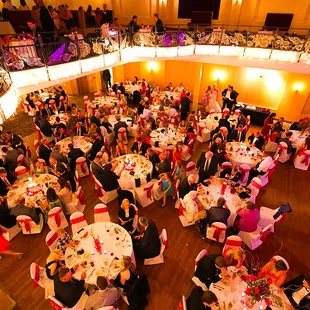 an aerial view of a banquet hall