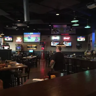 people sitting at a bar watching tvs