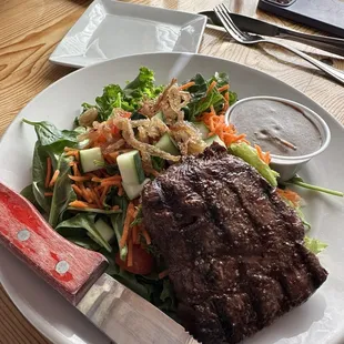 Steak on top of salad