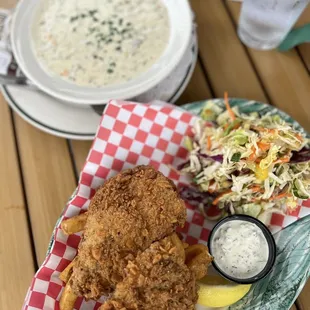 Roche Harbor&apos;s &quot;Tilted Kettle&quot; Clam Chowder ($10.95), beer battered fish &amp; chips ($26.95)  IG: @ohmyono