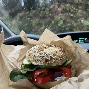 Epic veggie bagel plus lox. It&apos;s huge! Way bigger than the pic makes it look!!