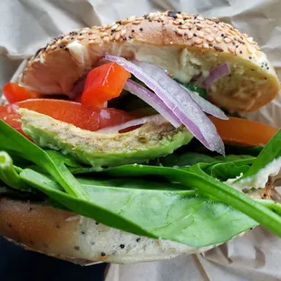 Veggie bagel with hummus