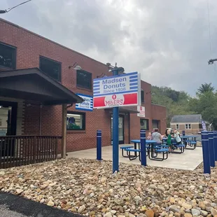 Exterior photo showing exterior seating available along with interior seating.