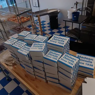 Yes - we do FUNDRAISING! - THIS is what 96 boxes of donuts look like ready for pick up by a local organization.  Huge Success!