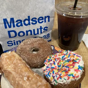 Cinnamon Stick, Brown Sugar cake donut, and Marshmallow-frosted donut