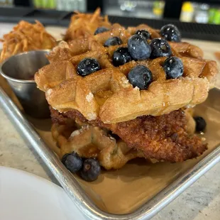 Chicken &amp; Waffles + hash brown balls (very good)