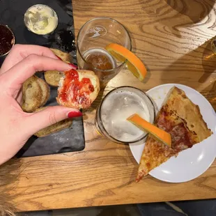 Bread board, pizza and, beers! Perfect Saturday night!!