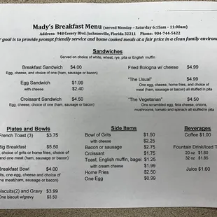 Breakfast menu