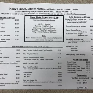 Lunch/Dinner menu