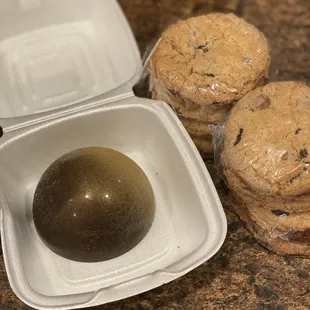 Complimentary large hazelnut with mouse and chocolate filling and chocolate chip cookies.