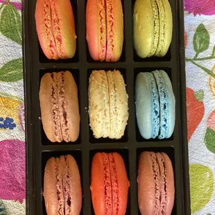 Watermelon, pistachio, milk chocolate, piña colada, salted caramel, passion fruit, strawberry &amp; raspberry macarons.