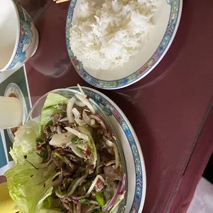 Spicy beef larb. Most rotten smelling dish I've had in a long time but it's actually good.