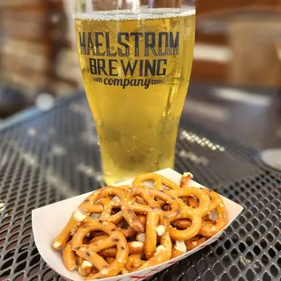 pretzels and a glass of beer