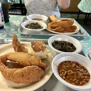 Fried catfish, baked beans, greens!! Delicious!