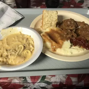 Chicken casserole with meatloaf and creamed potatoes