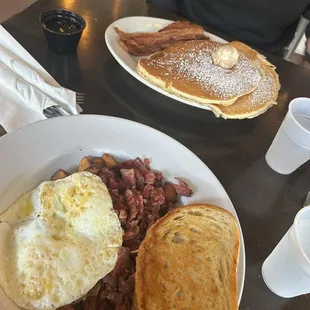 Corned Beef Hash and 3 Buttermilk Pancakes