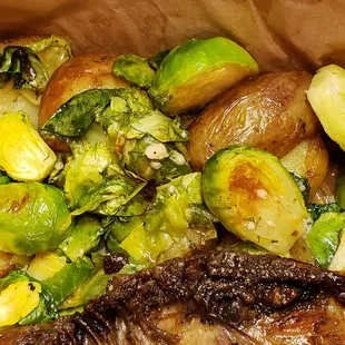 Brussel sprouts, golden baby potatoes