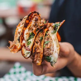 a person holding a sandwich