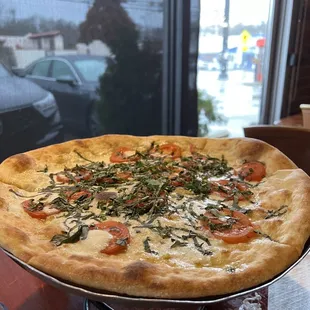 Build Your Own Pizza Pie w olive oil, tomato, and basil- light and tasty