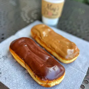 two donuts and a coffee