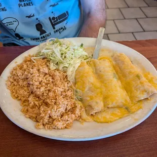 Three chicken enchiladas with double rice