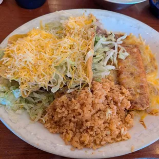 1 cheese enchilada, 1 bean taco, 1 bean tostada, rice and beans