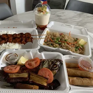 Pancit Bihon, Bar-b-q Filipino, lumpia or egg roll &amp; Fried Tilapia