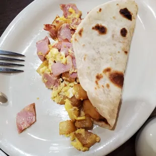 potato ham egg taco with flour tortilla