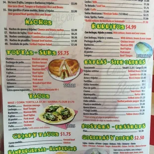 Tavos, Burritos, Gorditas/Sopes, Cheeseburgers, Nachos, Tortas  and Kids Meals