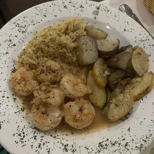 Shrimp Scampi with rice, potatoes, and squash