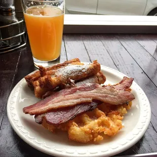 Crepes (some with apple butter, some with peanut butter), thick cut bacon, waffle hashbrowns, and grapefruit biermosa. Saturday brunch menu.