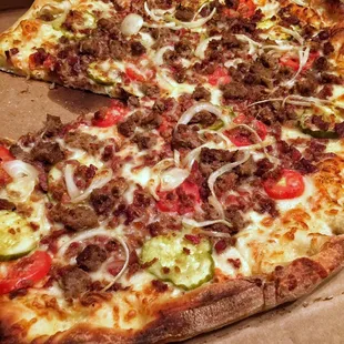 16 inch "That Jimmy Buffet Song Only Here and with Bacon" AKA bacon cheeseburger pizza.