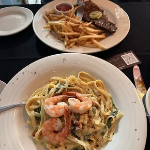 Steak and fries &amp; prawns fettuccini