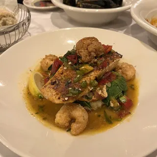 Blackened Salmon with Crispy Calabrian Shrimp