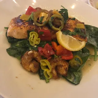 Blackened Salmon with Crispy Calabrian Shrimp