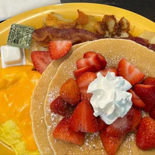 Buttermilk Pancakes - strawberry   Bacon Country Home Fries Eggs with cheese
