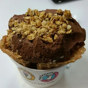 Chocolate and coffee icecream with granola topping. The waffle bowl is FREEEEE!!!