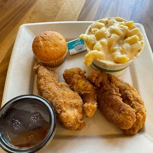 Chicken Strips w/Mac and Cornbread
