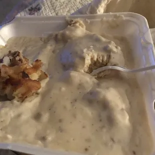 Biscuits and gravy and fried potatoes to go